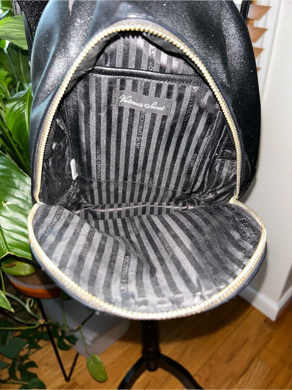 Victoria's Secret Black Mini Backpack with Pink and Cream Chevron Stripes